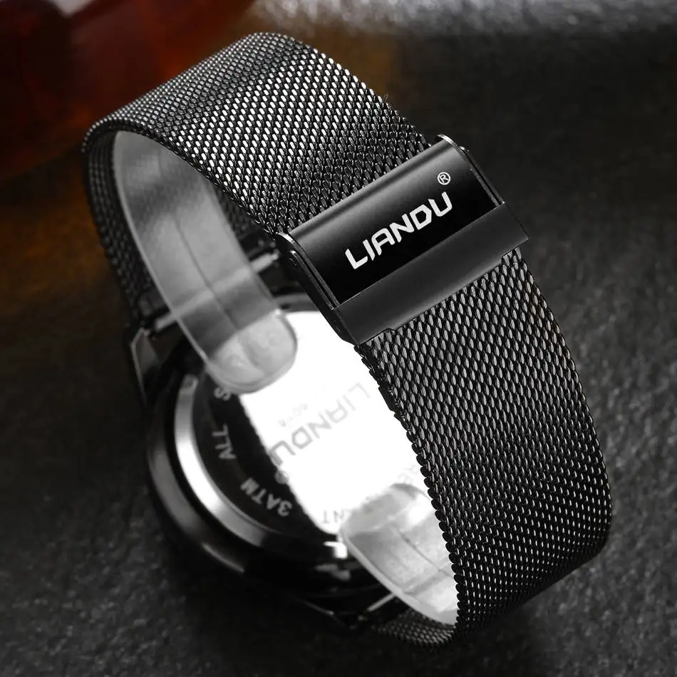 Модные мужские Роскошные светящиеся черные кварцевые часы LIANDU с хронографом и