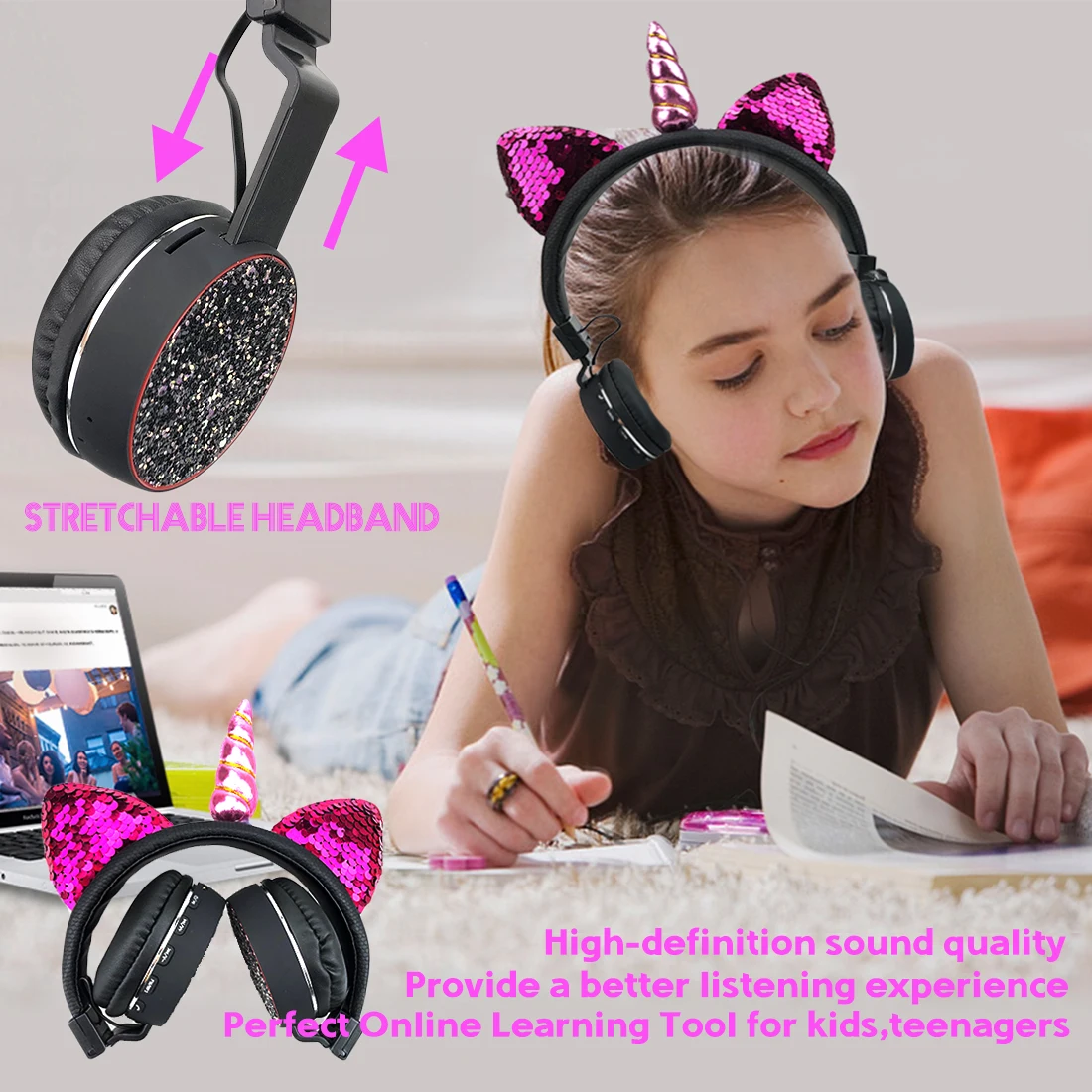 Детские наушники, беспроводные, Bluetooth, единороги, гарнитура, стерео музыка, растягивающиеся, мультяшный Кот, наушники для детей, взрослых, подарки