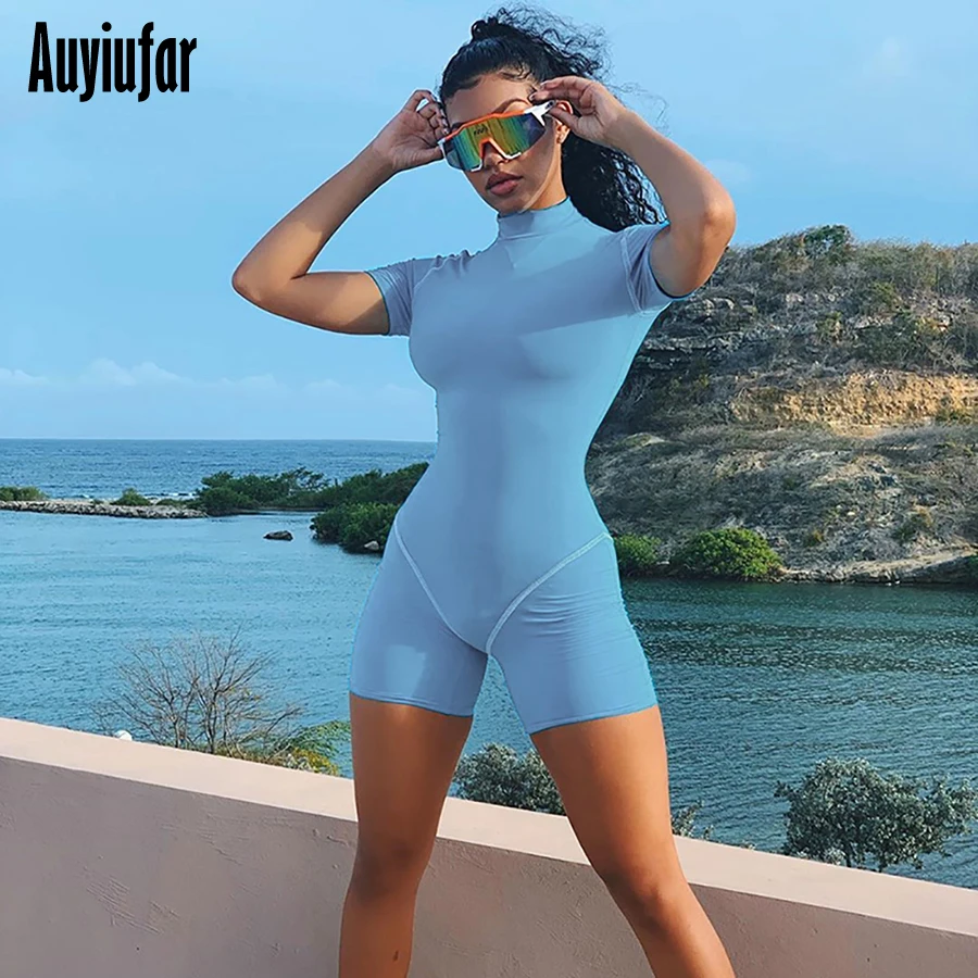 Auyiufar цельный комбинезон, водолазка, короткий рукав, комбинезон для женщин, бодикон, уличная одежда, боди, Комбинезоны для женщин, летний облегающий боди