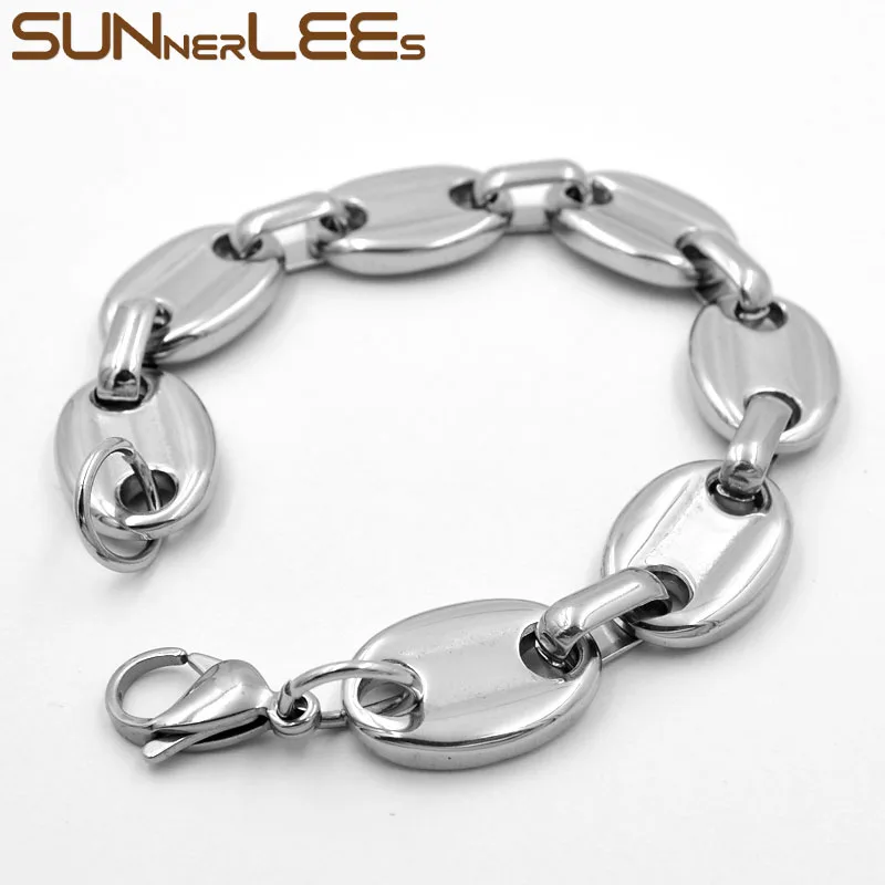 SUNNERLEES модные украшения 316L браслет из нержавеющей стали 15 мм огромный кофе в зернах звено цепи серебро для мужчин женщин подарок SC13 B