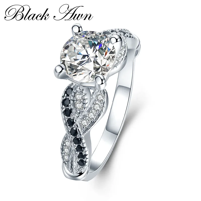 

[BLACK AWN] 3.6g 100% 925 Sterling Silver Jewelry Neo-Gothic Row Black Zircon Engagement Rings for Women Wedding Ring C402