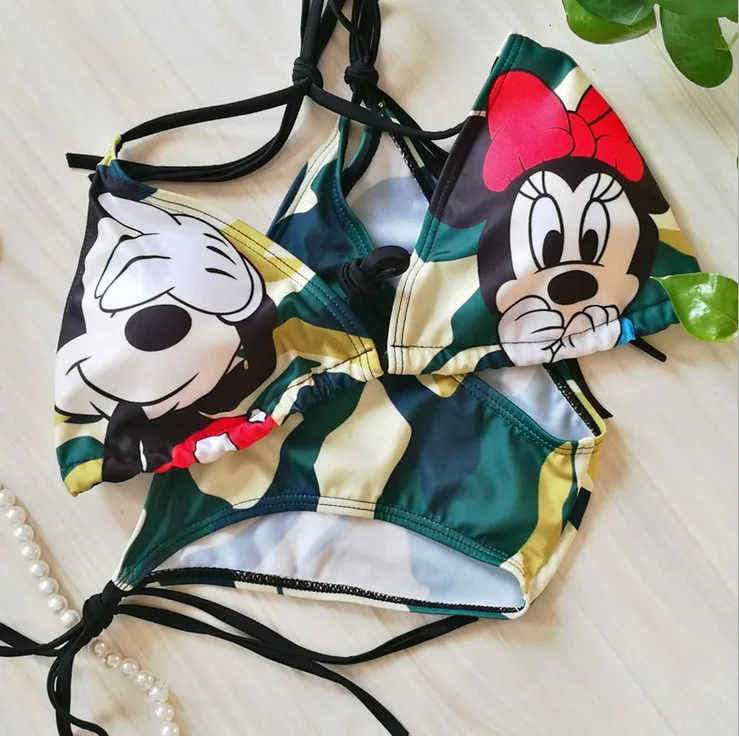 Женский купальник-Бикини на бретельках с принтом Микки треугольный купальник