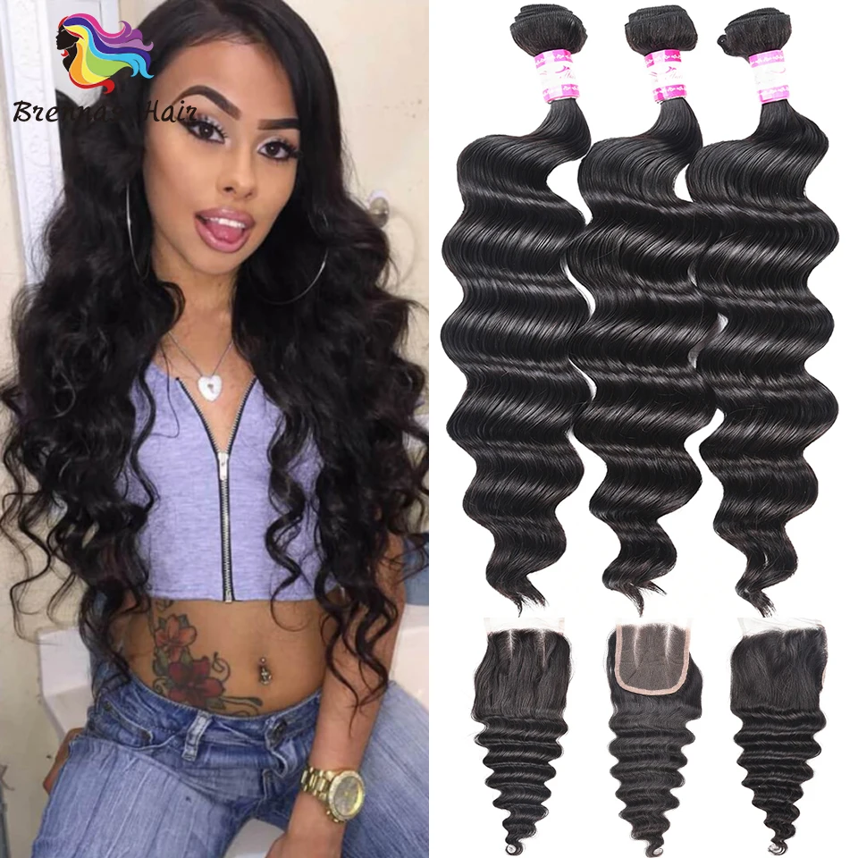 Malaysia Human Remy loose Wave Hair Bundles with lace closure 4pcs/pack natural black color for women machine double weft | Шиньоны и