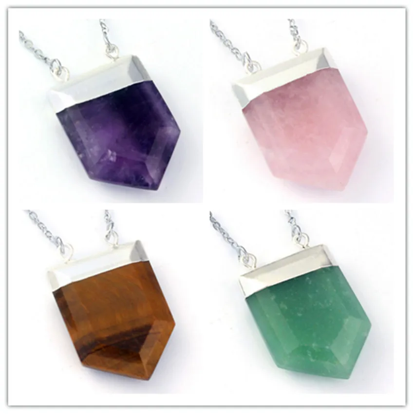 

100-Unique 1 Pcs Silver Plated Amethysts Royal Shield Double Buckle Pendant Rose Pink Quartz Necklace Amulet Jewelry
