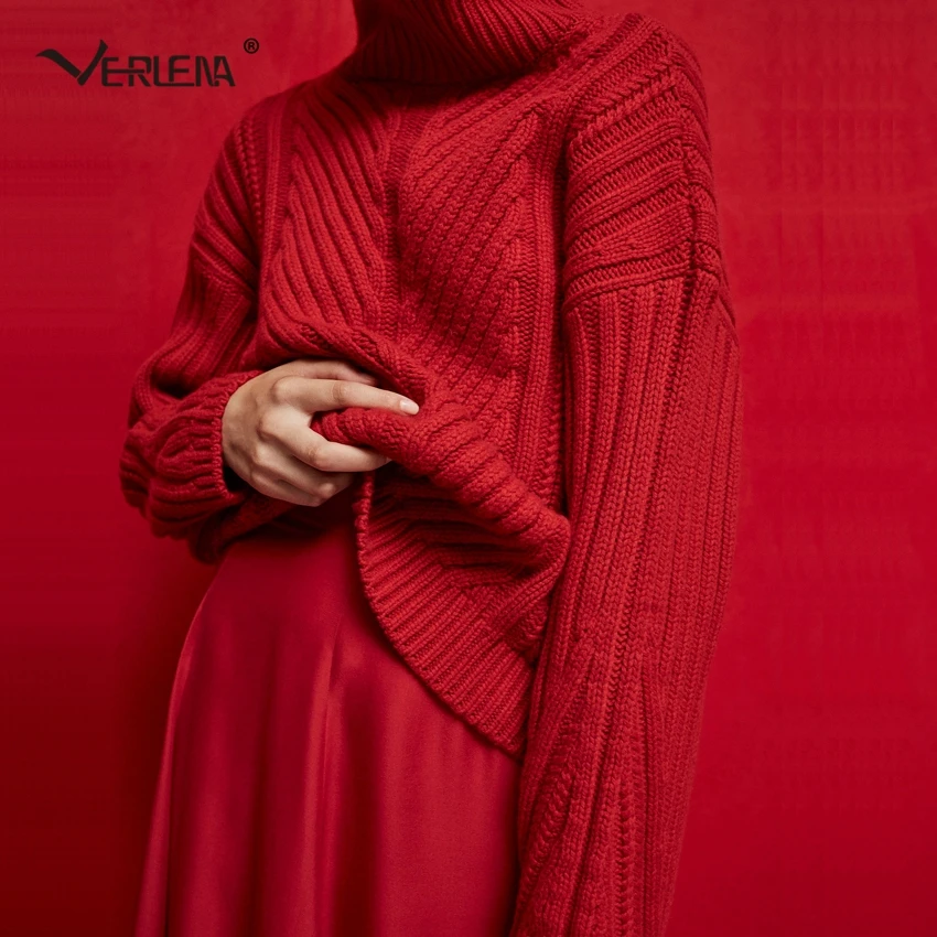 Verlena 2018 толстый теплый осенний красный свитер женский полосатый длинный