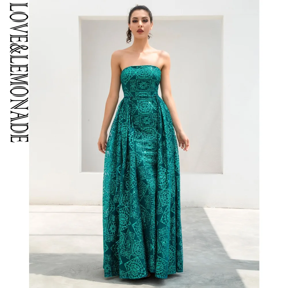 Зеленое Длинное Платье с геометрическим рисунком и надписью Love& Lemonade LM81216