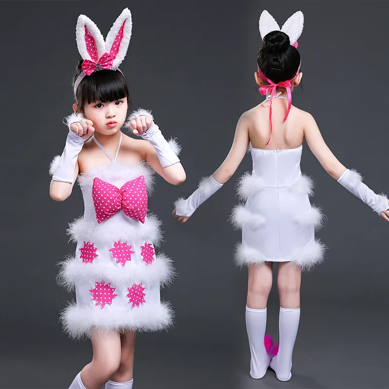

Party Kids Girls White Pink Bunny Rabbit Cosplay Costume Dance Dress Ear Headband Outfit Costume Kindergarten Christmas