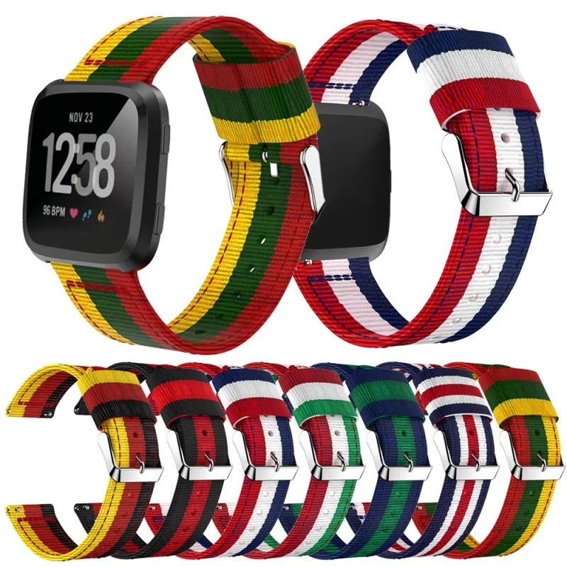 Для Fit бит Versa нейлон ткань Регулируемый замена WirstBand Цветной полосатый пряжки Smart