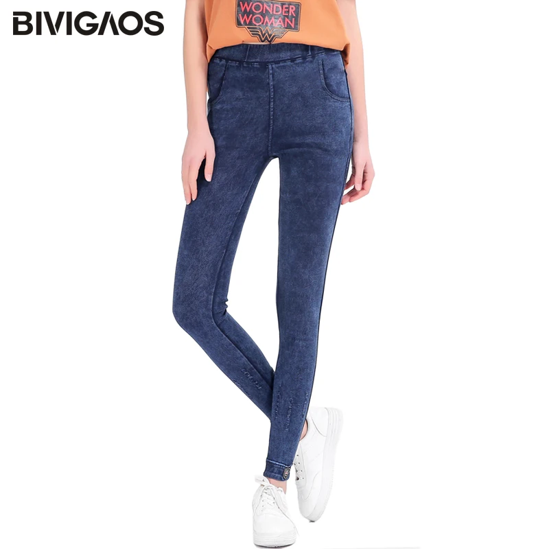 

BIVIGAOS Autumn New Women Sand Wash Stretch Jeans Leggings Hem Leather UK Flag Pencil Pants Elastic Jeggings Women's Clothing