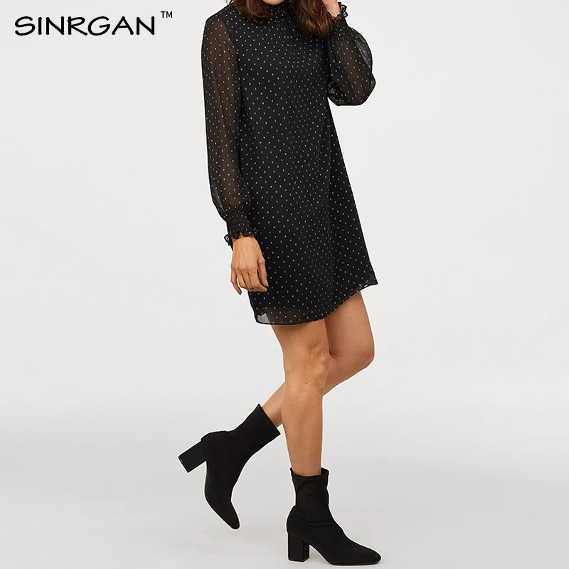 SINRGAN черный цветок печати свободно шифон водолазка Повседневные платья женские