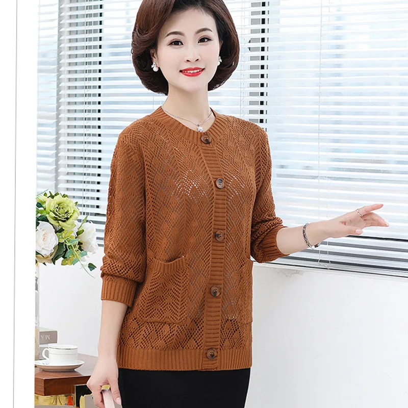 

High end Middle-aged female cardigan coat women spring autumn thin sweater 2019 o neck long-sleeved large size loose knit tops