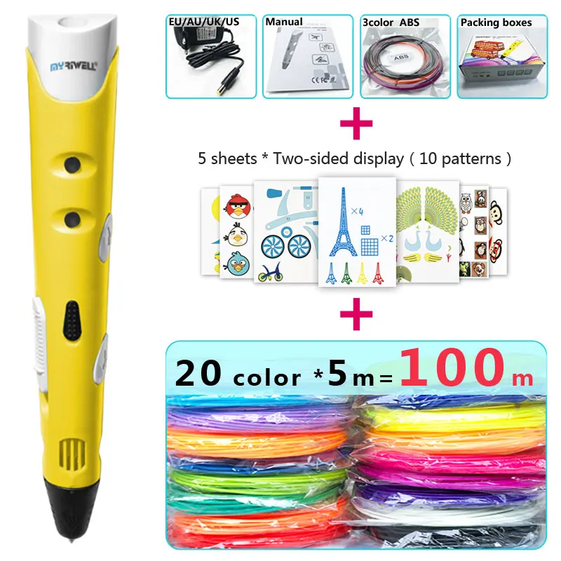 Myriwell 3d Ручка 3d ручки, 1,75 мм ABS/PLA нити, 3 d pen3d модели, Creative3d печать pen, лучший подарок для детей DIY творческих, pen-3d - Цвет: Yellow pen Package 3