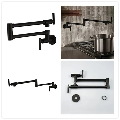 Матовый черный Pot Filler с складной растягивающийся двойной шарнир Поворотный
