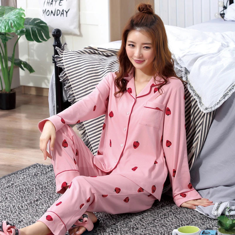 Пижама с длинным рукавом женская пижама принтом клубники свободная повседневная
