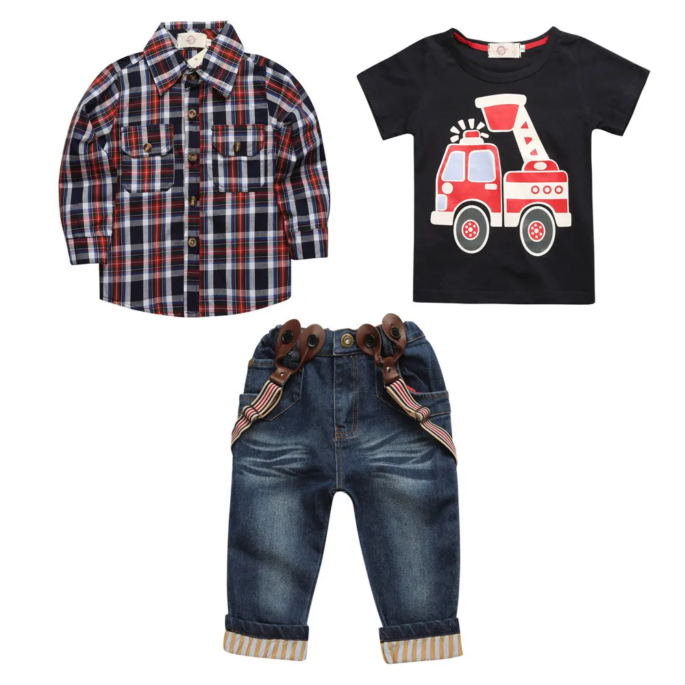 

2019 New Baby Clothes Sets Spring Boy Suit With Long Sleeves Plaid Shirts + Car T-shirt + Jeans 3 pcs Suit Children's Set