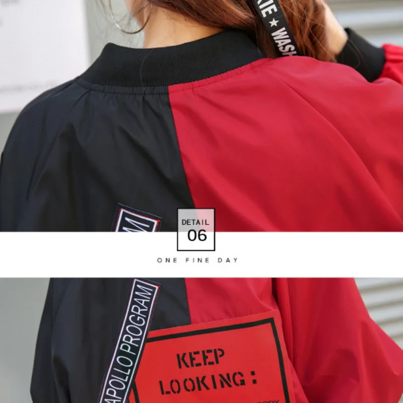 

ROPALIA Patchwork Casual Bomber Jacket Color Block Women Two Tone Patch Back Autumn Jackets Letter Ribbon Zip Up Jacket