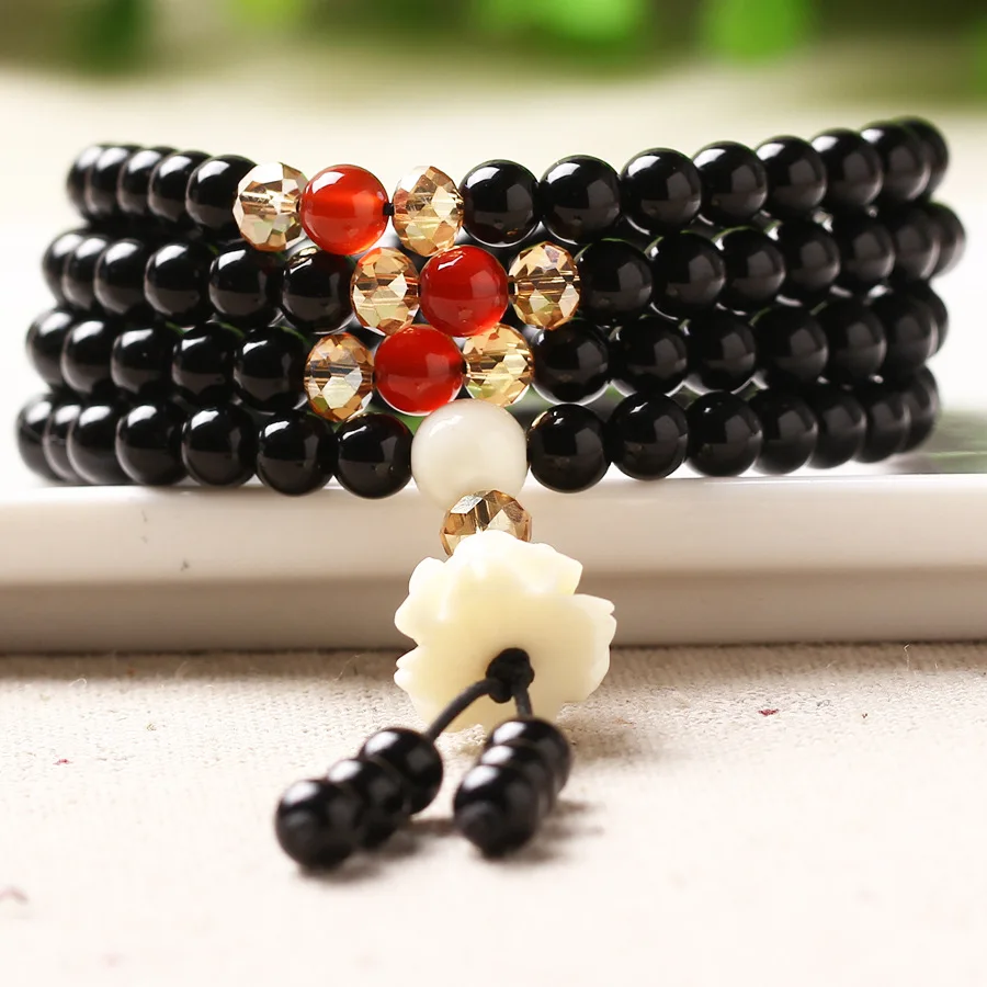 Натуральный черный кварцевый кристалл цветок лотоса круглые бусины тибетские