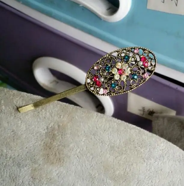 TS019 European and American jewelry Vintage Multicolor crystal alloy oval hollow flower clip hair side Female charm Jewelry | Украшения и