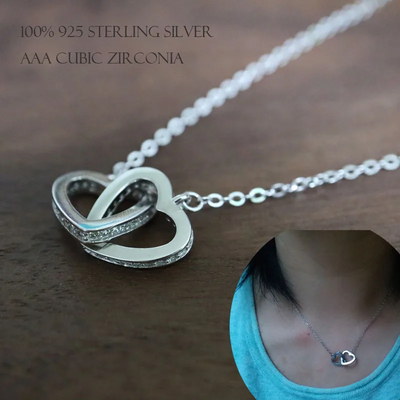 Trendy cubic zirconia double heart S925 sterling silver pendant necklace for women Simple Clavicle chain Valentine's day | Украшения и
