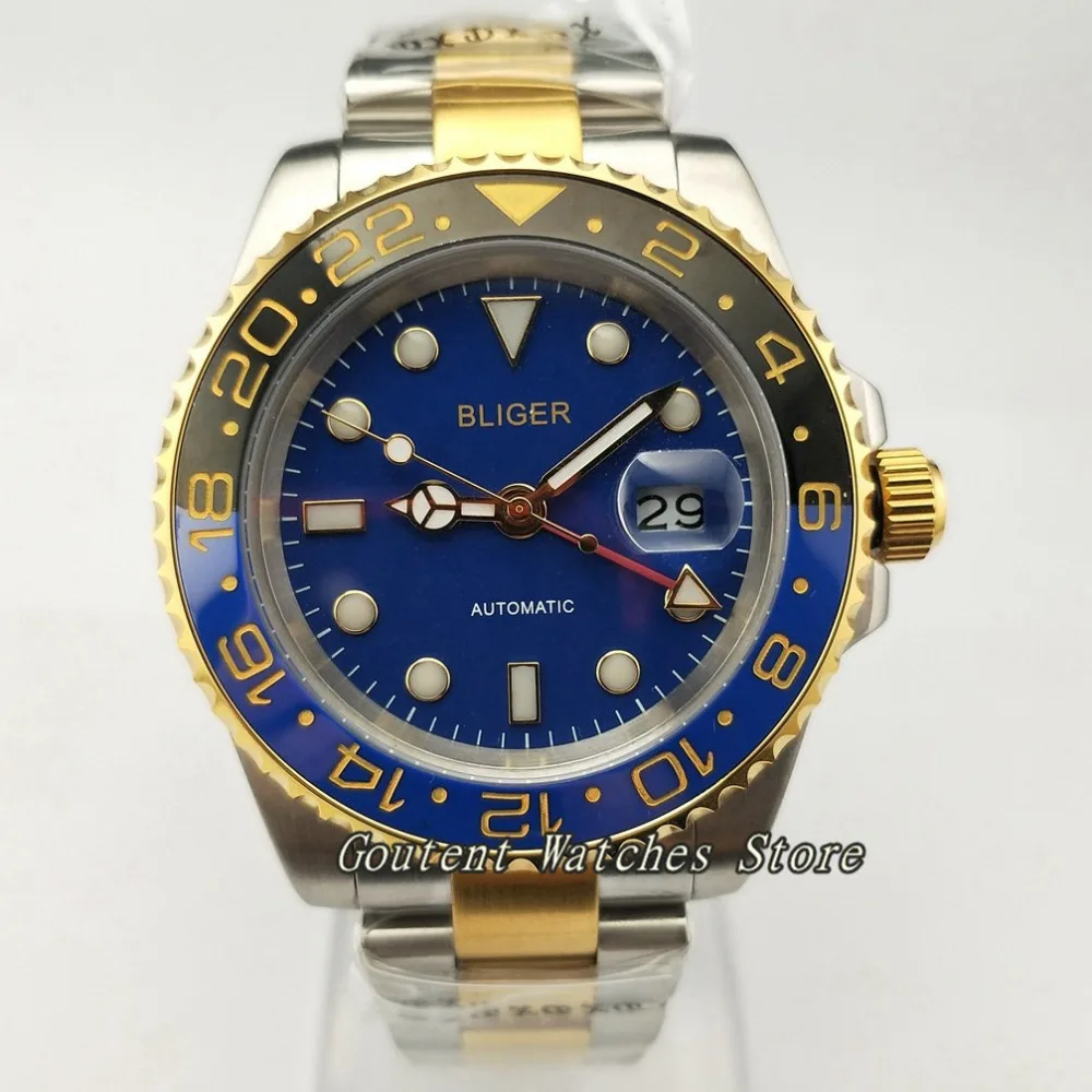 40 мм Bliger GMT Silver SS. Желтый золотой чехол браслет с синим циферблатом стальные