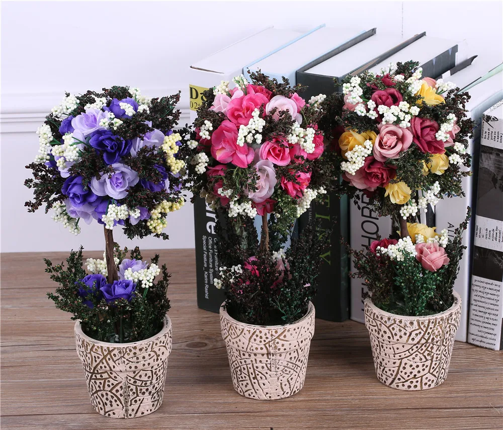

Artificial Silk Rose Flowers Bonsai+Ceramic Vase Fake Plants With Artificia Potted Flower Balls Centerpieces Wedding Decoration