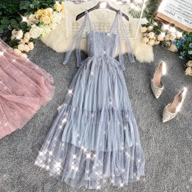 

2020 summer new women chic strap sequined breast-wiping mesh pleated dress female elegant sling ruffles shiny gauze dresses