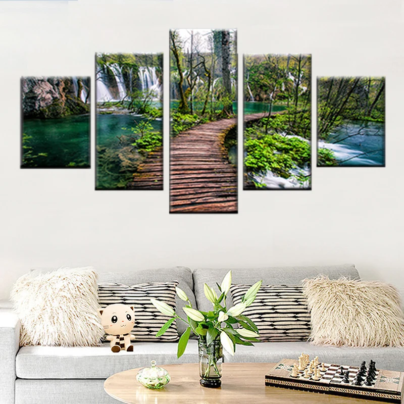 Модульная картина 5 шт. водопад зеленые деревья и лесной мост природный пейзаж
