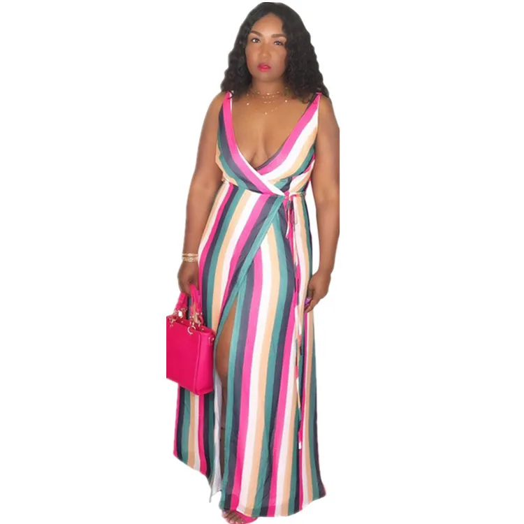 New Women Sexy Sleeveless Deep V-neck Side Slit Maxi Floor Length Party Club Midi Dress Fashion Femlale Striped Print Dresses | Женская