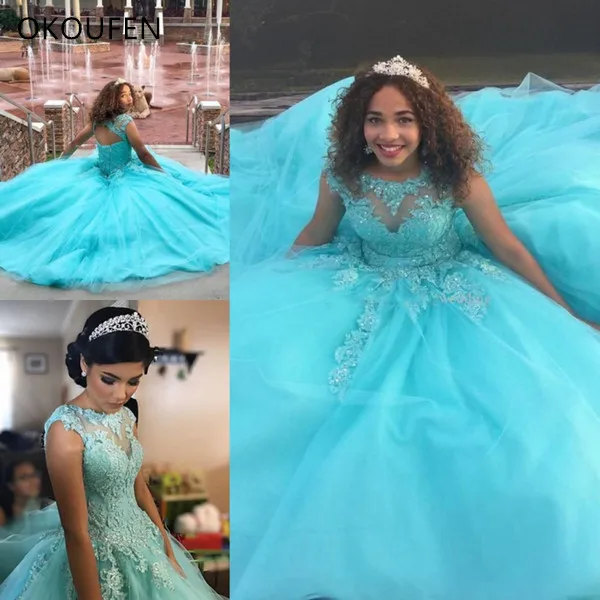 

Ball Gown Quinceanera Dresses 2021 Sheer Neck Shiny Prom Sweet 16 Gowns robe de bal 15 African Turquoise Blue Keyhole Sleeveless