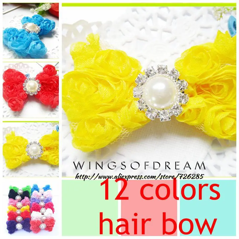 (120pcs/lot)12 Colors Classic Shabby Chic  Lace Flower Bow Charming Mesh Rosset Bow With Bling Pearl Button For Kids