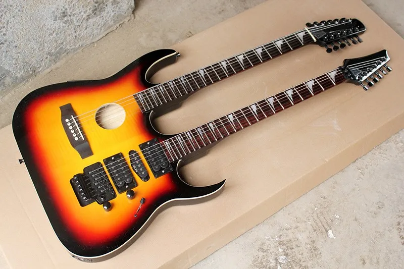 Заводская распродажа двойная Шея Табак sunburst 6+ 12 струнная электрогитара с floyd rose HSH звукоснимателями,-17-11