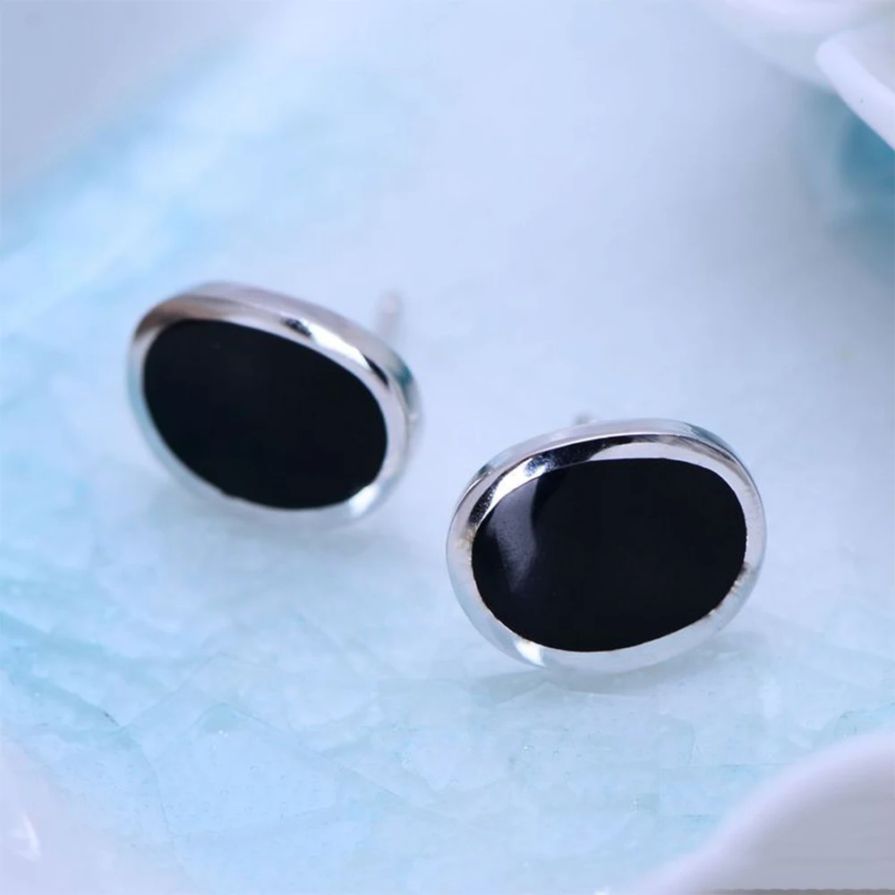 Женские серьги гвоздики из серебра 925 пробы с натуральным черным