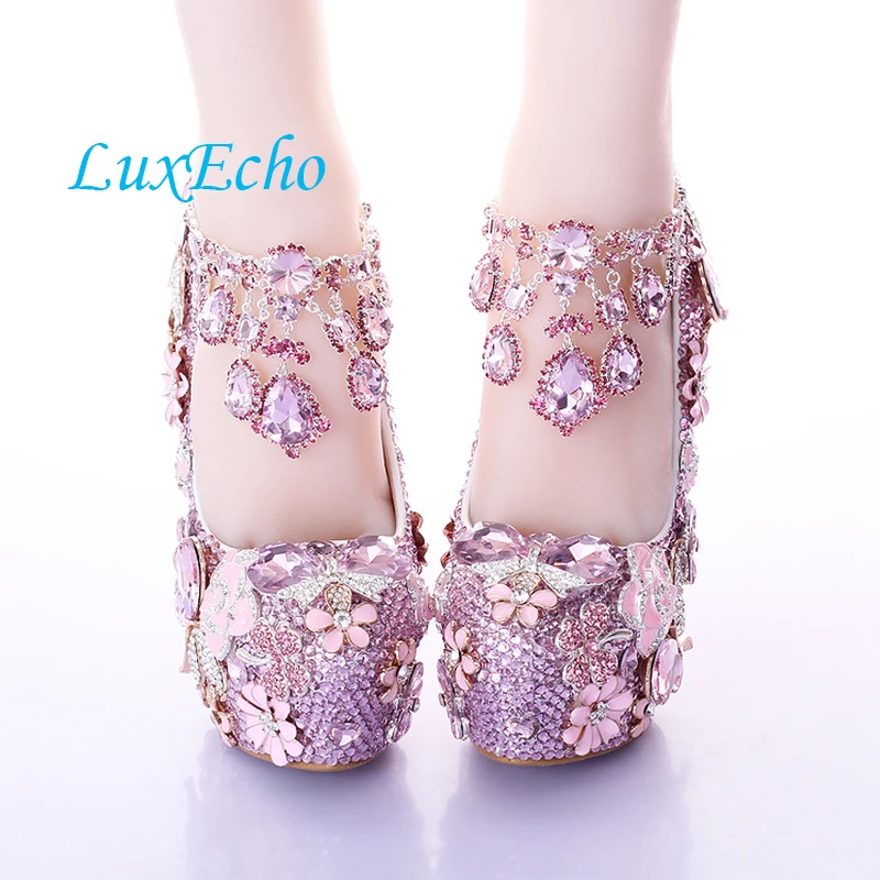 Модная Роскошная обувь с розовыми цветами и кристаллами Свадебная на