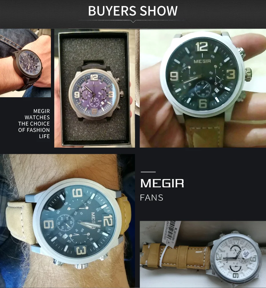 MEGIR Роскошные Брендовые спортивные часы, мужские кварцевые часы, модные повседневные часы с большим циферблатом, часы с хронографом и кожаным солдатом, наручные часы 3010