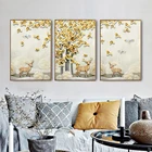 HAOCHU Сельский дикий лес олень золотые опавшие листья печать на холсте картина Триптих настенный постер для гостиной ТВ фон Декор