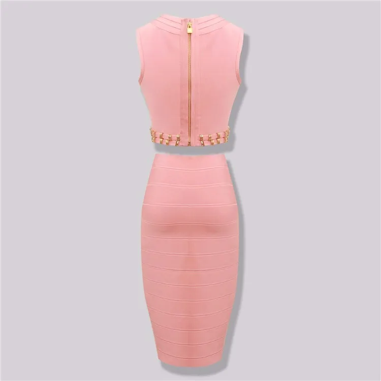 Высокое качество шипованных Двух Частей Бандажное платье 2016 новое телесного
