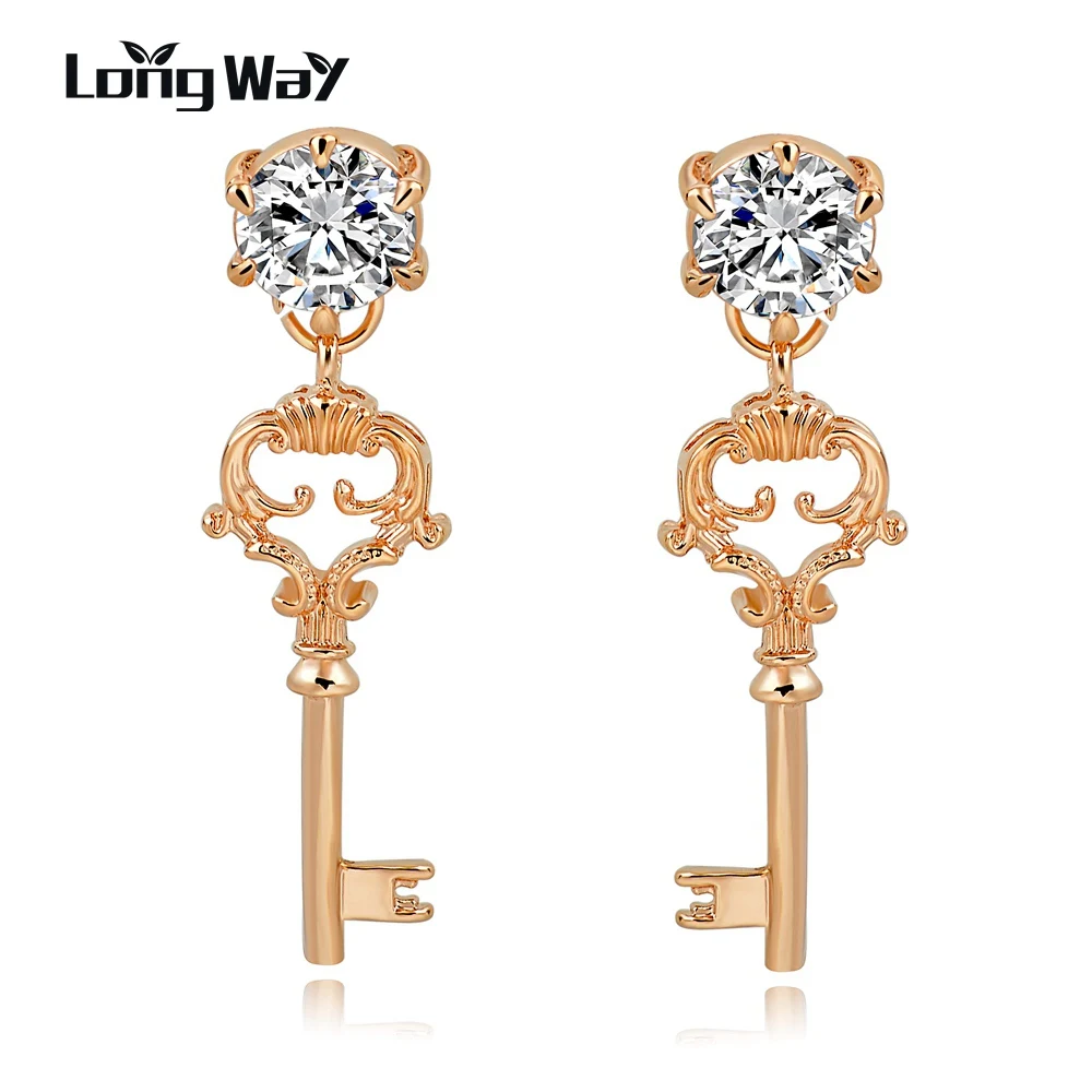 

LongWay Key Pendant Women Rose Gold Color Long Drop Earring Best Gift Female Austrian Crystal Jewelry Brinco Ser160016