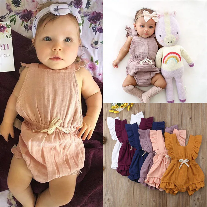 

Newborn Infant Baby Girls Color Solid Ruffles Backcross Romper Outfits 0-24baby clothes A20