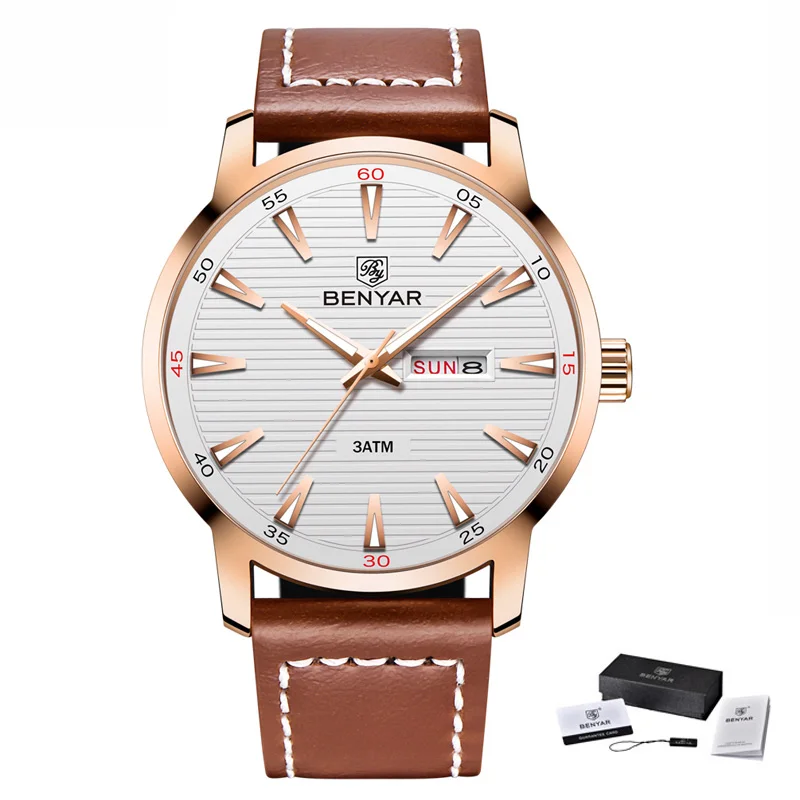 Gold White Топ люксовый бренд BENYAR новые мужские часы модные водонепроницаемые неделя Дата Военные мужские кварцевые кожаные часы Relogio Masculino - Цвет: Gold White