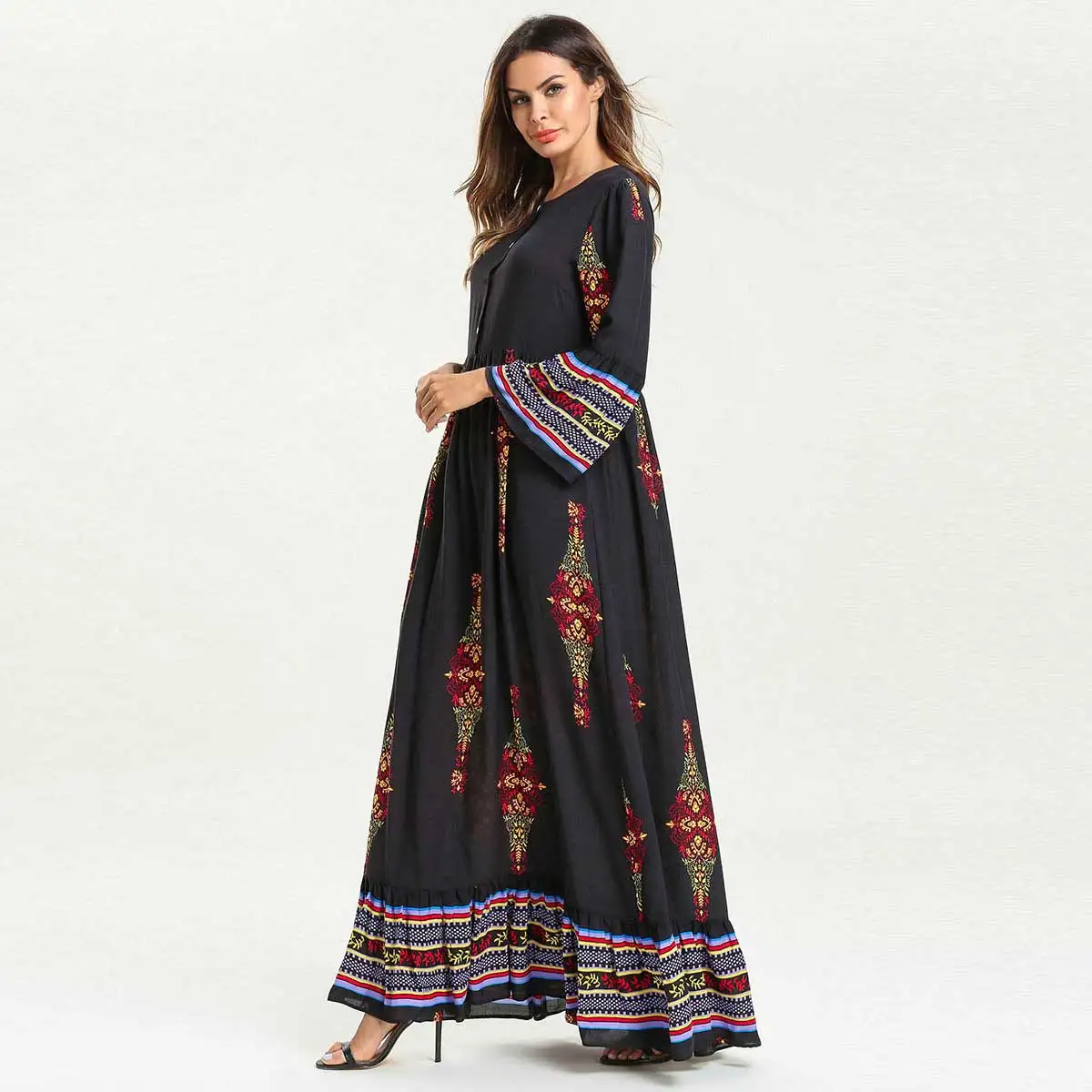 Женское богемное Платье макси с принтом размера плюс расклешенными рукавами
