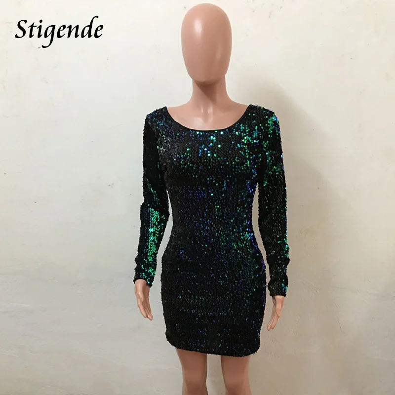 Stigende Women Long Sleeve Sexy Sequin Party Dress Back V Neck Glitter Paillette Green Mini Shining Christmas | Женская одежда