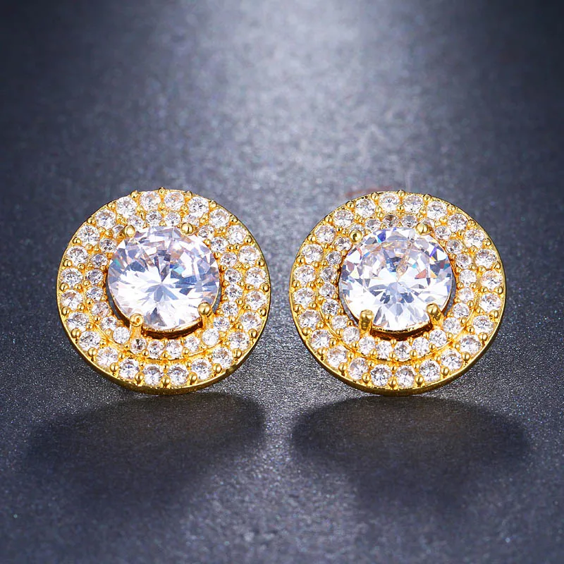 Yellow Gold Новые зеленые круглые серьги-гвоздики с кубическим цирконием для женщин, ювелирные изделия из друзы, серьги-гвоздики белого и синего цвета, серьги для невесты, серьги AE561 - Окраска металла: Yellow Gold