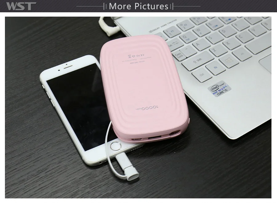 WST power Bank 10000 мАч со встроенным кабелем, Внешнее зарядное устройство, тонкий портативный аккумулятор для iPhone, Android, внешняя батарея