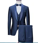 Новинка 2020, темно-синие мужские костюмы, 3 предмета, Официальный деловой Блейзер, смокинг, шаль, отворот, для свадьбы, для жениха, Мужской (пиджак + жилет + брюки)