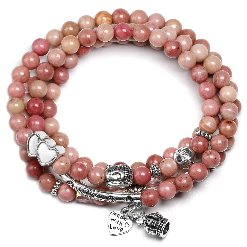 Натуральные Бусы из родохрозита 6 мм женский браслет Lotus OM Buddha Charm Yoga 108 Mala Necklace