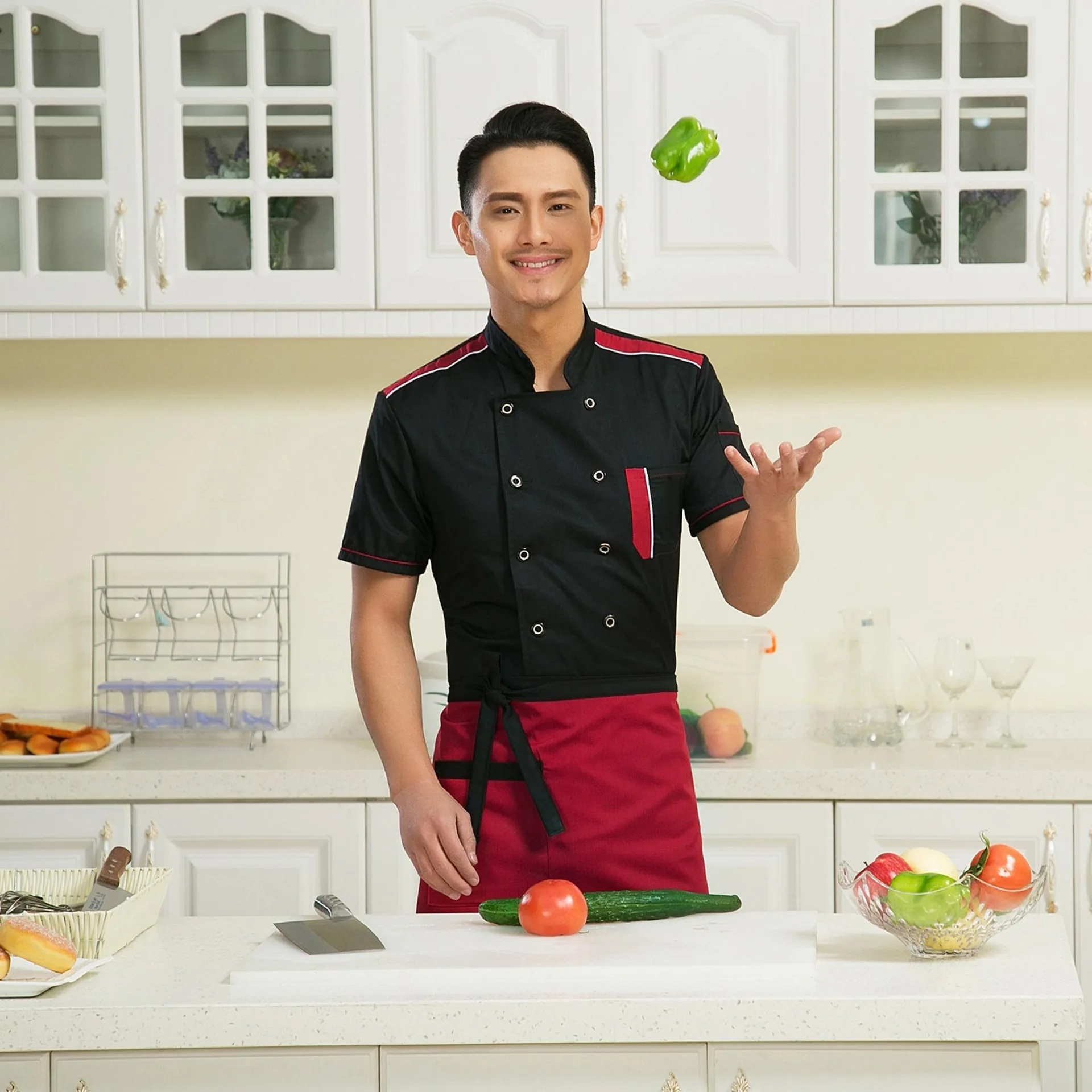 Униформа шеф повара с коротким рукавом и воротником стойкой из хлопка|black chef