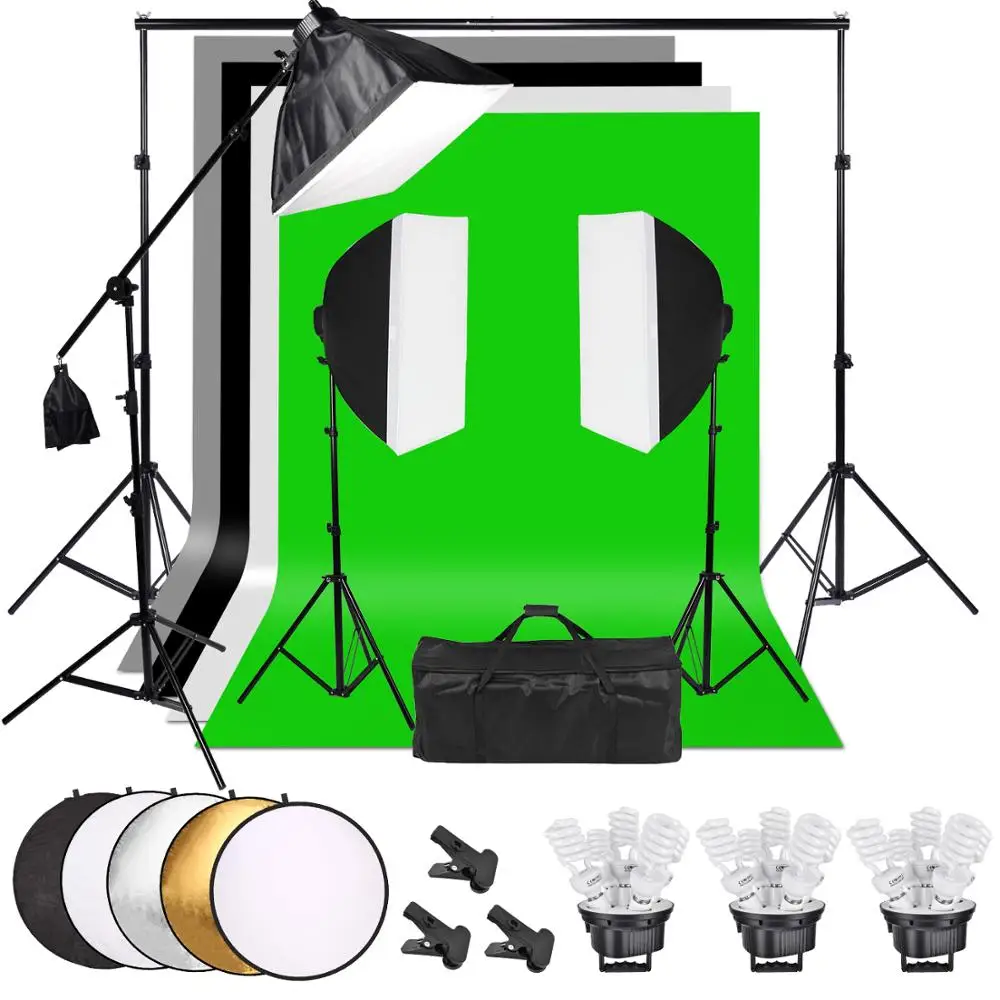 

ZUOCHEN 3375W Photo Studio Softbox Continuous Lighting Kit 5 Light Socket 50*70CM Softbox Boom Arm 4Pcs Backdrop 2m Light Stand