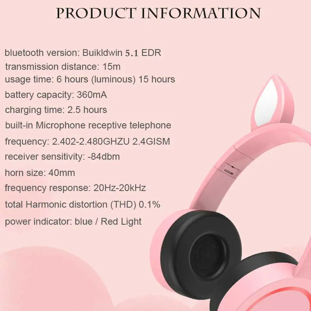 Беспроводная bluetooth-гарнитура, светодиодный светящиеся лампы, складные наушники с кроличьими ушками, простой Тиковый микрофон, гарнитура с регулятором громкости