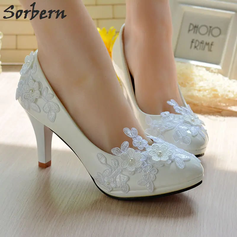 8cm Heel Sorbern свадебные туфли с цветком сливы; свадебные туфли-лодочки на высоком каблуке; кружевное с аппликацией из бусин; элегантные вечерние туфли подружки невесты для девочек - Цвет: 8cm Heel