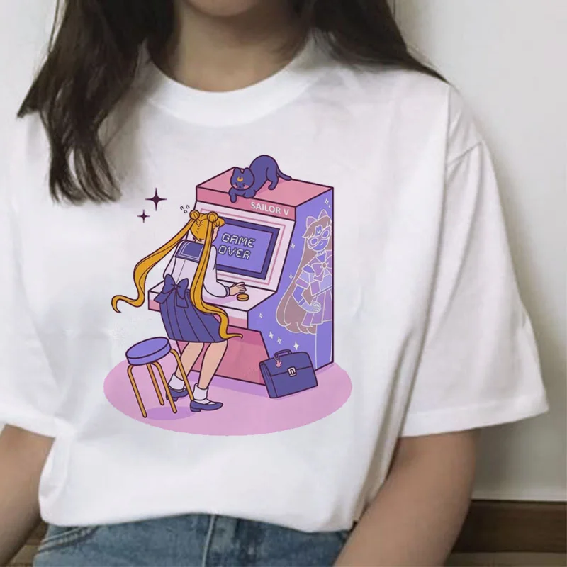 Сейлор Мун футболка Летняя Harajuku Женская футболка сладкий принт Ullzang футболка Kawaii Женский Топ Тройники короткий рукав рубашки Графический